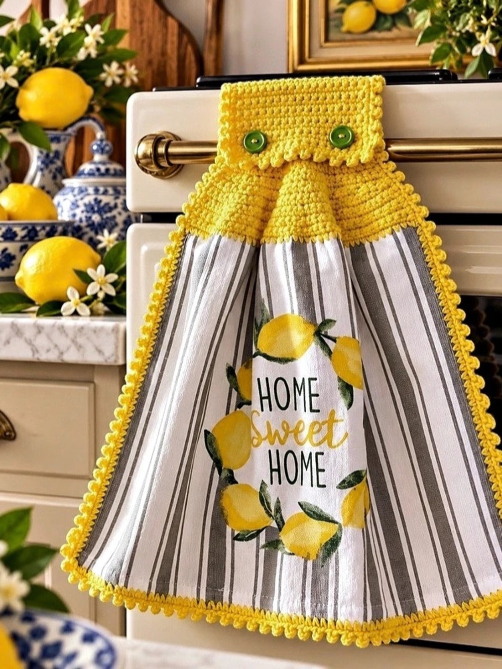 Artisan Handmade Crochet Hanging Kitchen Towel Lemon Home Sweet Home